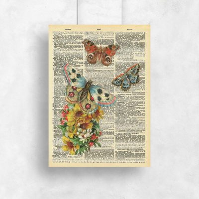 Plakat ze stroną książki i motylami