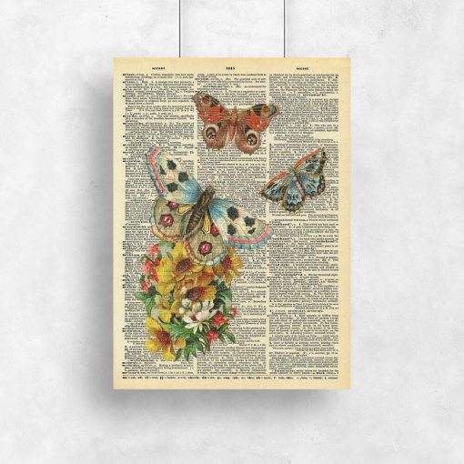 Plakat ze stroną książki i motylami