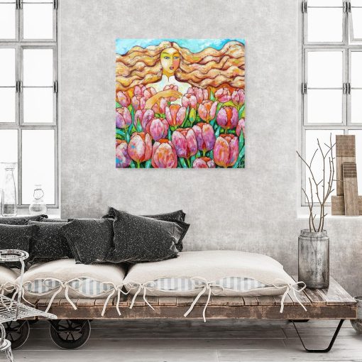 Obraz z dziewczyną na polu tulipanów