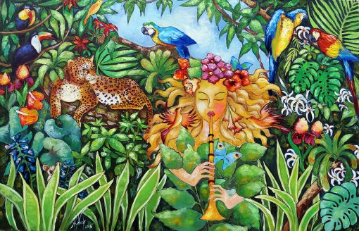 Obraz z dżunglą i dziewczyną grającą na fujarce