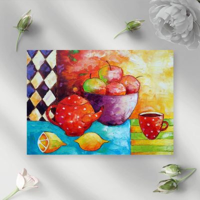 Obraz z owocami i czajniczkiem