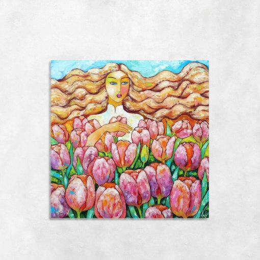 Obraz z polem tulipanów i blondynką