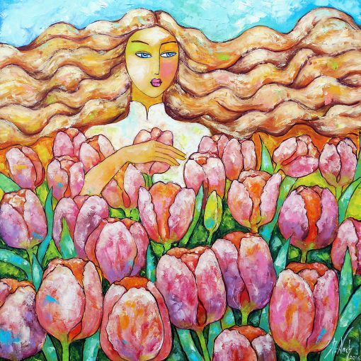 Obraz z tulipanami i blond pięknością
