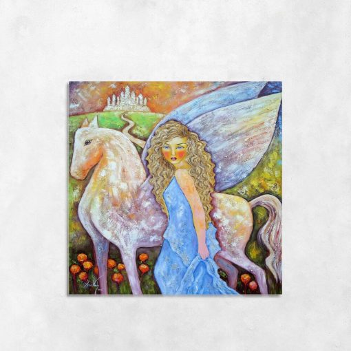 Obraz ze skrzydlatym koniem i kobietą
