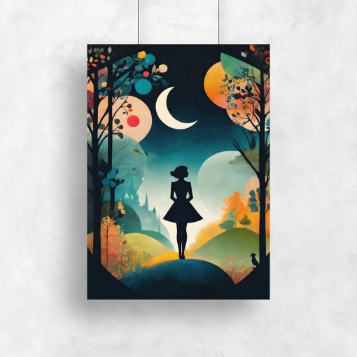 Plakat z księżycem nad lasem